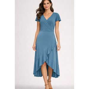 Juicy Couture Teal Blue Faux Wrap Midi Dress Hi-Low Ruffle Hem Flutter Sleeve M